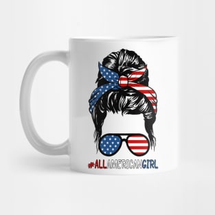 All American Girl 4th Of July Shirt Women Messy Bun USA Flag Mug